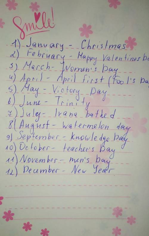Написать список праздников в России - по одному на каждый месяц на английском языке.