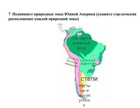 Подпишите природные зоны Южной Америки (укасите стрелочками расположение каждой природнойзоны)