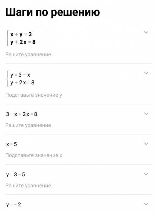 РЕШИТЕ ГРУФИЧЕСКИМ МЕТОДОМ СИСТЕМУ УРАВНЕНИЙ x+y=3, y+2x=8