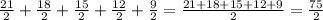 \frac{21}{2} + \frac{18}{2} + \frac{15}{2} + \frac{12}{2} + \frac{9}{2} = \frac{21+18+15+12+9}{2} = \frac{75}{2}