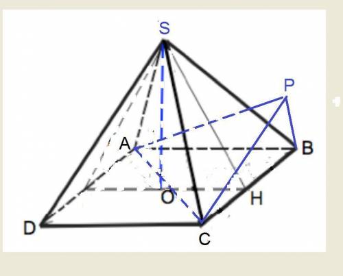 В правильной четырехугольной пирамиде SAВCD стороны основания и высота равны 2 см. Найдите угол межд