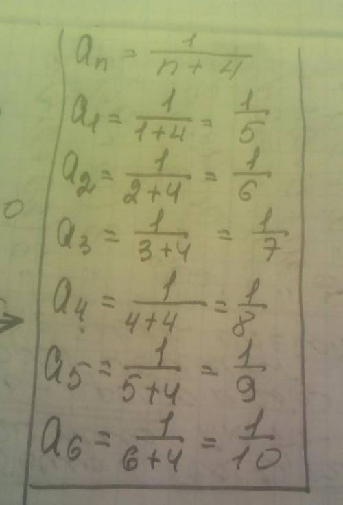 An=1/n+4 найдите первые шесть числов последовательности заданной формулой n-го члена​