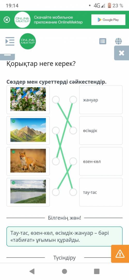 Сөздер мен суреттерді сәйкестендір жануар, өсімдік, өзен көл, тау тас​