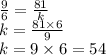 \frac{9}{6} = \frac{81}{k} \\ k = \frac{81 \times 6}{9} \\ k = 9 \times 6 = 54
