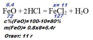 Оксид железа (II) массой 8 г, содержащий 10% примесей, обработали избытком соляной кислоты. Определи