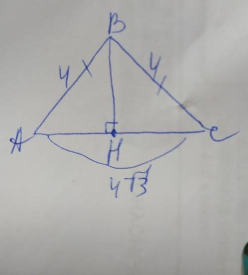 Основание равнобедренного треугольника равно 4√3 см, а боковая сторона равна 4см. Найдите высоту опу