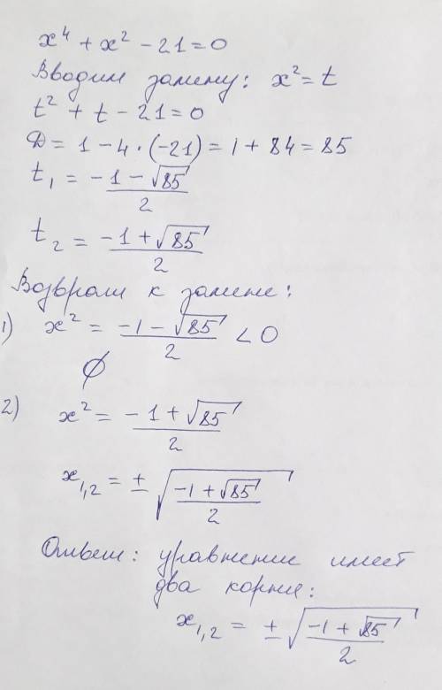 Решите уравнение: x^4+x^2-21=0​