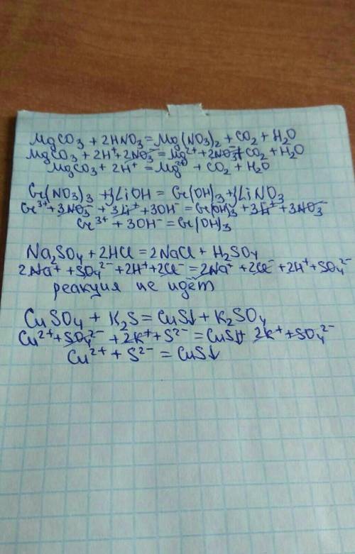 Допишіть рівняння можливих реакцій: А) MgCO3 + HNO3 →Б) Cr(NO3)3 + LiOH →В) Na2SO4 + HCl →Г) CuSO4 +