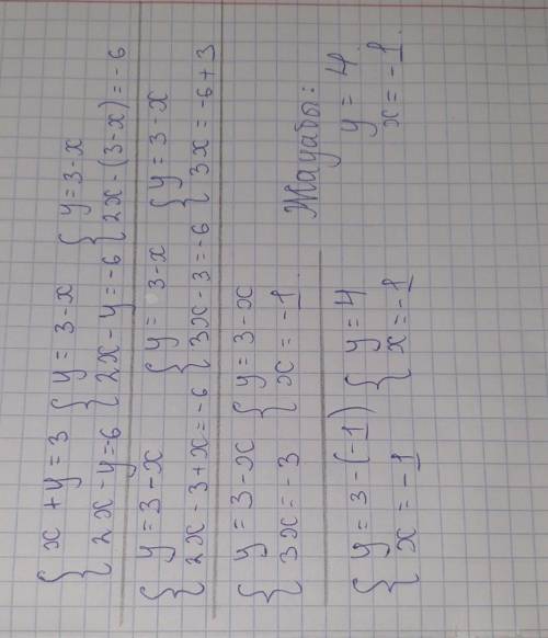 Решить графически систему линейных уравнений{х+у=3{2х-у=-6​