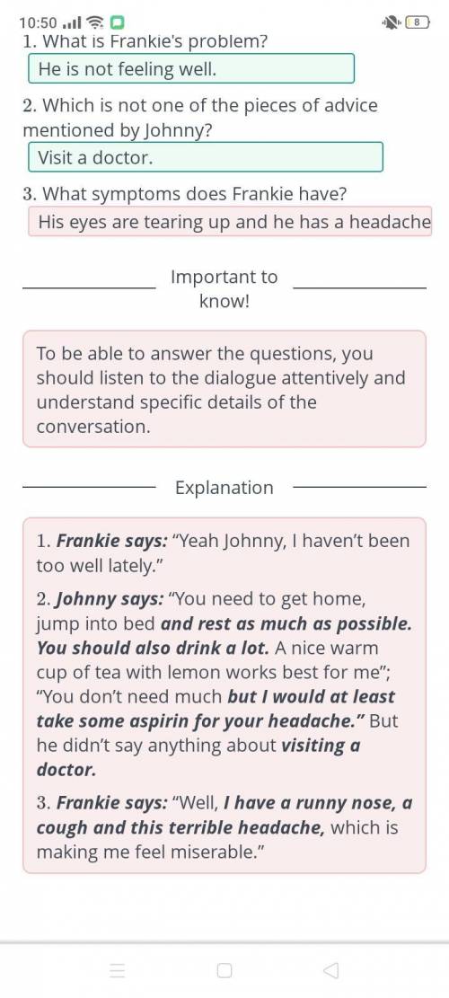 Listen to the dialogue and click the right answer. -1) The audio:1. What is Frankie's problem?2. Whi