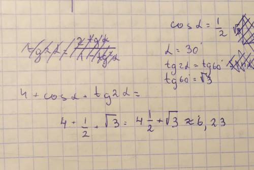 Вычислите 4+cos a+ tg 2 a, если cos a= 1/2