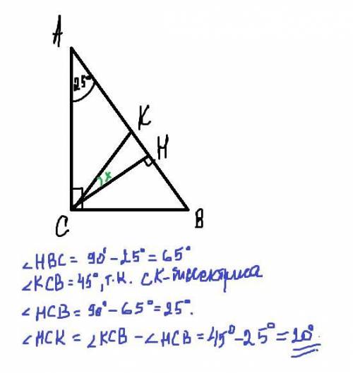 Решите задачу Дано: ΔABC, СH –– высота, СК –– биссектриса. Угол А равен 25⁰, а угол С равен 90⁰. Най