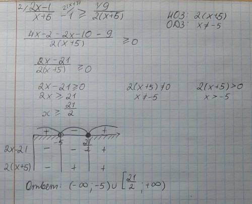 Реши данное неравенство, используя метод интервалов: 2x−1x+5−1≥92(x+5). Выбери правильный вариант:x∈