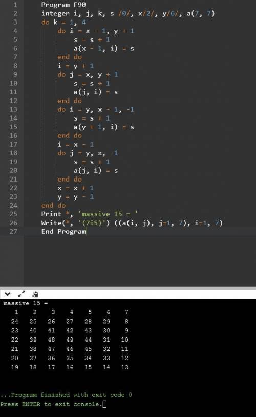 перевести код из паскаля в фортран f90 var i, j, k, s, x, y:integer; a:array[1..7,1..7] of integer;