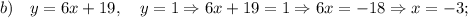 b) \quad y=6x+19, \quad y=1 \Rightarrow 6x+19=1 \Rightarrow 6x=-18 \Rightarrow x=-3;