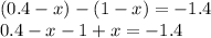 (0.4 - x) - (1 - x) = - 1.4 \\ 0.4 - x - 1 + x = - 1.4 \\