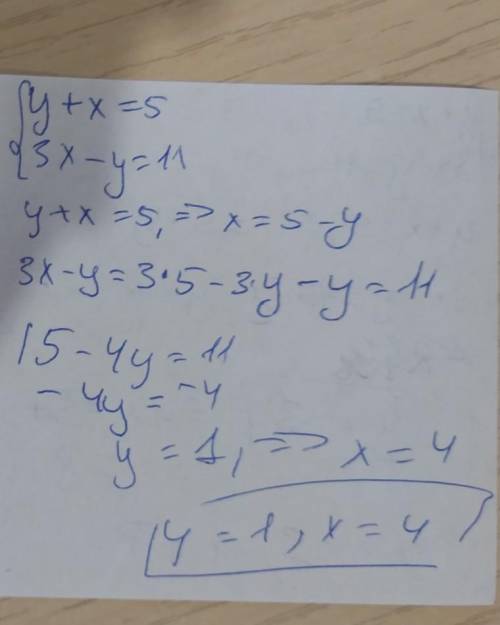 Решить систему уравнений методом подстановки {y+x=5 {3x-y=11