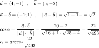 \vec{a}=(4;-1)\ \ ,\ \ \ \vec{b}=(5;-2)\\\\\vec{a}-\vec{b}=(-1;1)\ \ ,\ \ \ |\, \vec{a}-\vec{b}\, |=\sqrt{1+1}-=\sqrt2\\\\cos\alpha =\dfrac{\vec{a}\cdot \vec{b}}{|\, \vec{a}\, |\cdot |\, \vec{b}\, |}=\dfrac{20+2}{\sqrt{16+1}\cdot \sqrt{25+4}}=\dfrac{22}{\sqrt{493}}\\\\\alpha =arccos\dfrac{22}{\sqrt{493}}