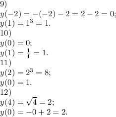 9)\ \\y(-2)=-(-2)-2=2-2=0;\\y(1)=1^3=1.\\10)\ \\y(0)=0;\\y(1)=\frac{1}{1}=1.\\11)\ \\y(2)=2^3=8;\\y(0)= 1.\\12)\\y(4)=\sqrt{4}=2;\\y(0) =-0+2=2.