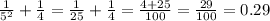 \frac{1}{ {5}^{2} } + \frac{1}{4} = \frac{1}{25} + \frac{1}{4} = \frac{4 + 25}{100} = \frac{29}{100} = 0.29