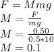 F=Mmg\\M=\frac{F}{mg} \\M=\frac{0.50}{0.5*10} \\M=0.1