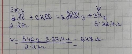 Какой обьем водорода образуется при взаимодействии соляной кислоты с 540 г. алюминия? Уравнение реак