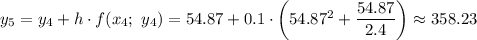 y_5=y_4+h\cdot f(x_4;\ y_4)=54.87+0.1\cdot\left(54.87^2+\dfrac{54.87}{2.4} \right)\approx358.23
