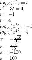 log_{10}( {x}^{2} ) = t \\ {t}^{2} - 3t = 4 \\ t = - 1 \\ t = 4 \\ log_{10}( {x}^{2} ) = - 1 \\ log_{10}( {x}^{2} ) = 4 \\ x = - \frac{ \sqrt{10} }{10} \\ x = \frac{ \sqrt{10} }{10} \\ x = - 100 \\ x = 100