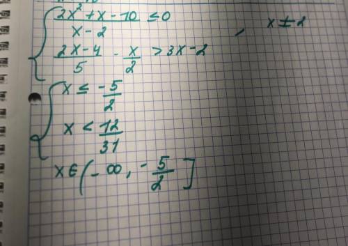 решить систему неравенств (2х^2+х-10)/(х-2)≤0 (2х-4)/5-(x/2)>3х-2