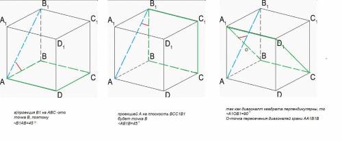 В кубе abcda1b1c1d найти угол между прямой ab1 и плоскостью 1) ABC, 2) BCC1, 3)BCD1​