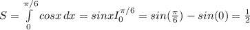 S=\int\limits^{\pi /6}_0 {cosx} \, dx =sinx I_0^{\pi /6}= sin(\frac{\pi }{6}) -sin(0)=\frac{1}{2}