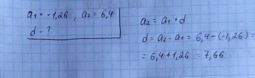 Дано члени арифметичної прогресії a1 = −1,26 і a2 = 6,4. Обчисли різницю прогресії d=