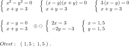 \left\{\begin{array}{l}x^2-y^2=0\\x+y=3\end{array}\right\ \ \left\{\begin{array}{l}(x-y)(x+y)=0\\x+y=3\end{array}\right\ \ \left\{\begin{array}{l}3\, (x-y)=0\\x+y=3\end{array}\right\\\\\\\left\{\begin{array}{l}x-y=0\\x+y=3\end{array}\right\ \oplus \ominus \ \left\{\begin{array}{l}2x=3\\-2y=-3\end{array}\right\ \ \left\{\begin{array}{l}x=1,5\\y=1,5\end{array}\right\\\\\\Otvet:\ \ (\ 1,5\ ;\ 1,5\ )\ .