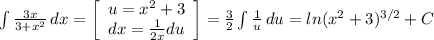 \int{\frac{3x}{3+x^2} } \, dx =\left[\begin{array}{ccc}u=x^2+3\\dx=\frac{1}{2x} du\\\end{array}\right] =\frac{3}{2} \int {\frac{1}{u } \, du =ln(x^2+3)^{3/2}+C
