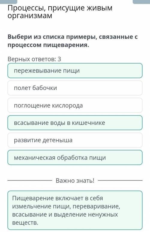 Выбери из списка примеры связанные с процессом пищеварения. развитие детеныша полет бабочки поглощ