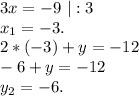 3x=-9\ |:3\\x_1=-3.\\2*(-3)+y=-12\\-6+y=-12\\y_2=-6.