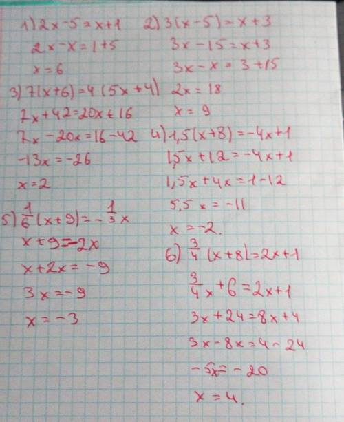 1) 2x-5=x+1 2) 3 (x-5)=x+33) 7 (x+6)=4 (5x +4 )4) 1,5 (x+8)=-4x+15) 1/6 (x+9)=-1/3x6)3/4 (x+8)=2x+1