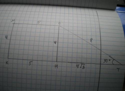 в прямоугольной трапеции острый угол 30°, высота равна 4см а меньшее основание равно 5см.найдите пер