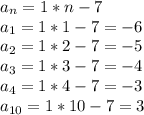 a_n=1*n-7\\ a_1=1*1-7=-6\\ a_2=1*2-7=-5\\ a_3=1*3-7=-4\\a_4=1*4-7=-3\\a_{10}=1*10-7=3