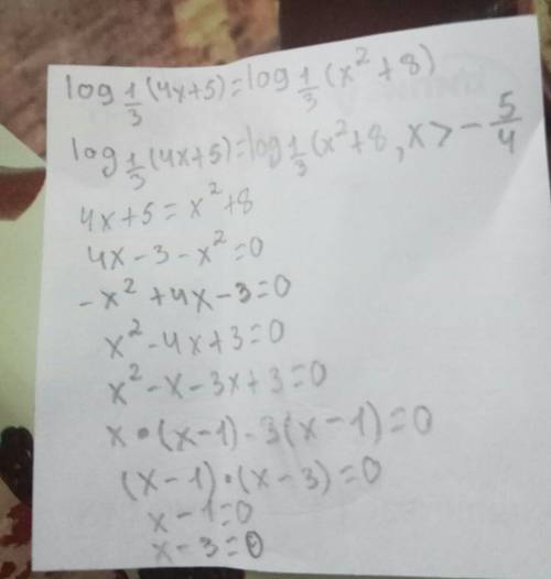 Log1/3(4x+5)=log1/3(x^2+8)