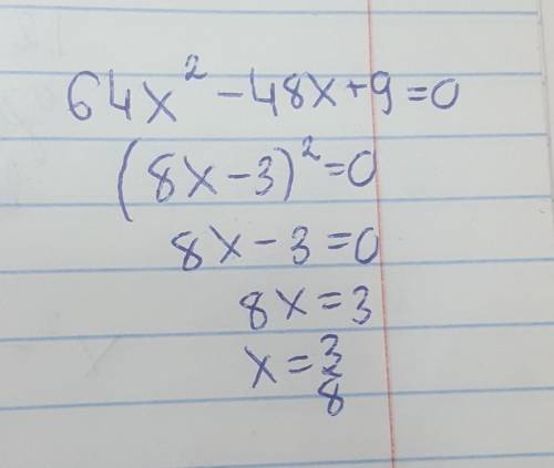 2. Розв'яжіть рівняння 64х2 – 48х + 9 = 0.​