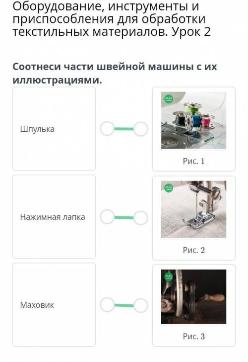 Оборудование, инструменты и при для обработки текстильных материалов. Урок 2 Соотнеси части швейной
