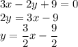 3x-2y+9=0\\2y=3x-9\\y=\dfrac{3}{2}x-\dfrac{9}{2}