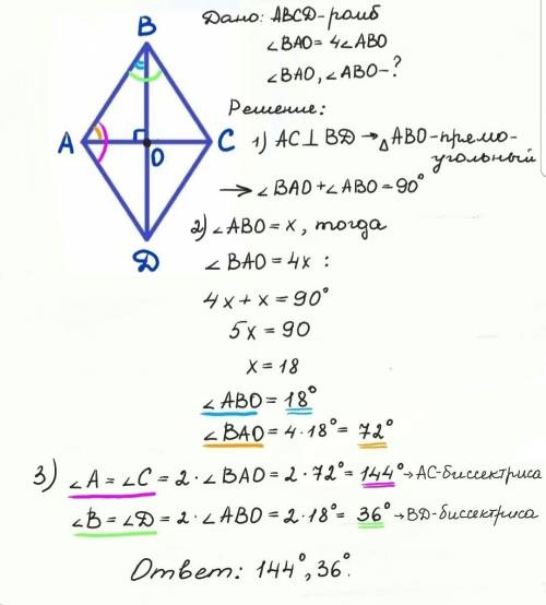 Сторона ромба утворює з діагоналями кути, один з яких в 4 рази більшій від іншого. знайти кути ромба