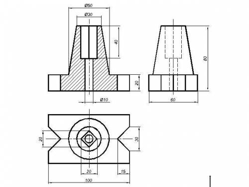 По двум видам детали выполнить третий. Выполнить разрезы. Проставить размеры. Изобразить деталь в из