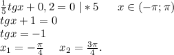 \frac{1}{5} tgx+0,2=0\ |*5\ \ \ \ \ x\in(-\pi ;\pi )\\tgx+1=0\\tgx=-1\\x_1=-\frac{\pi }{4} \ \ \ \ x_2=\frac{3\pi }{4}.