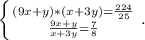 \left \{ {{(9x+y)*(x+3y)=\frac{224}{25} } \atop {\frac{9x+y}{x+3y} }=\frac{7}{8} } \right. .