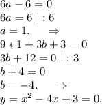 6a-6=0\\6a=6\ |:6\\a=1.\ \ \ \ \Rightarrow\\9*1+3b+3=0\\3b+12=0\ |:3\\b+4=0\\b=-4.\ \ \ \ \Rightarrow\\y=x^2-4x+3=0.