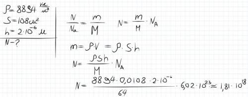 На изделие, поверхность которого 108 см2, нанесен слой меди толщиной 2 мкм. Сколько атомов содержитс