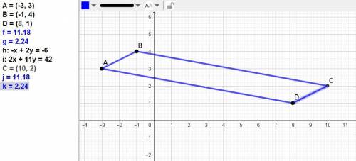Найдите координаты вершины C параллелограмма ABCD если A(-3;3) B(-1;4) D(8;1)